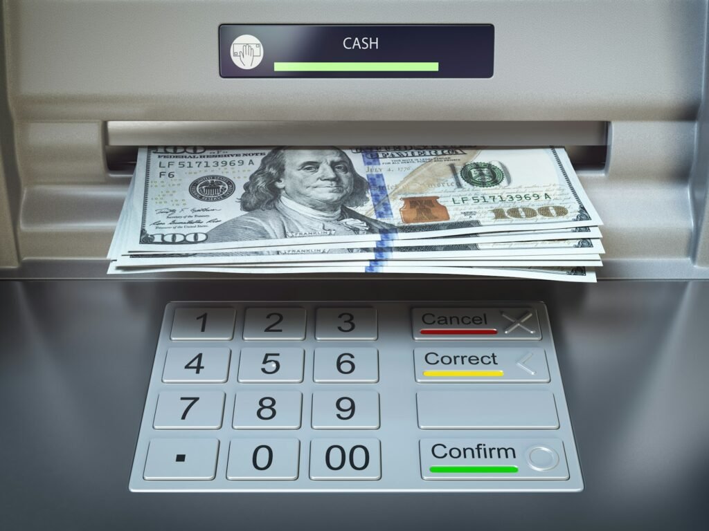 ATM machine and money. Withdrawing dollar banknotes.